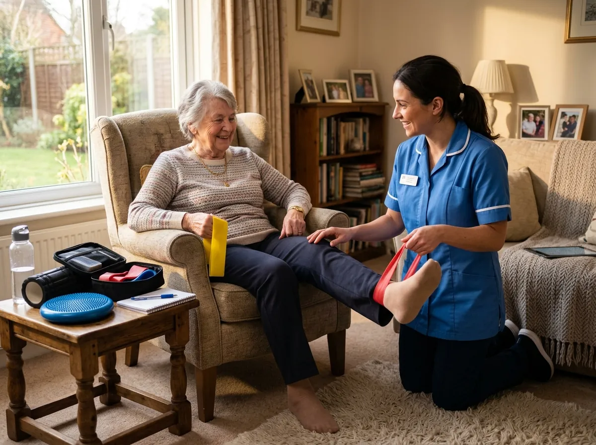 Physiotherapist doing leg exercises with an elderly patient at home