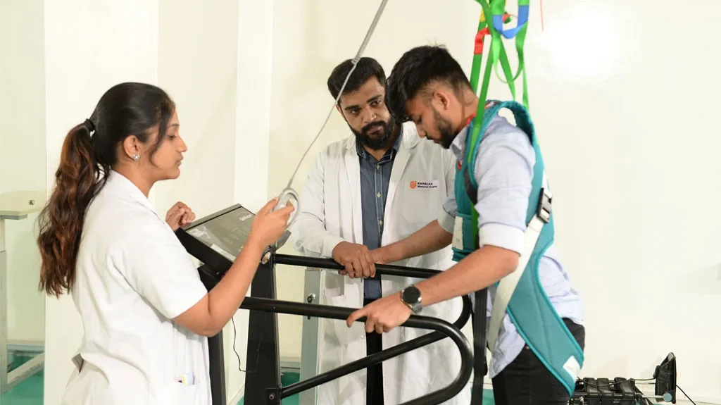 Supported gait training in a harness for neurological rehabilitation