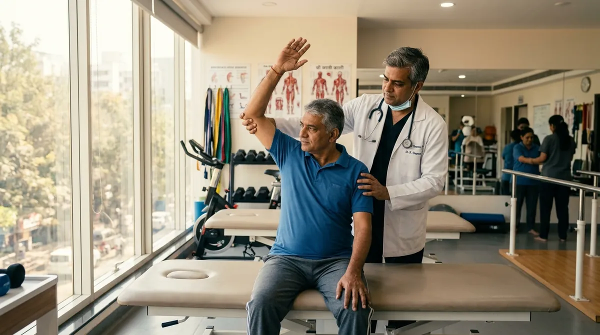 Doctor guiding an older patient through a shoulder movement