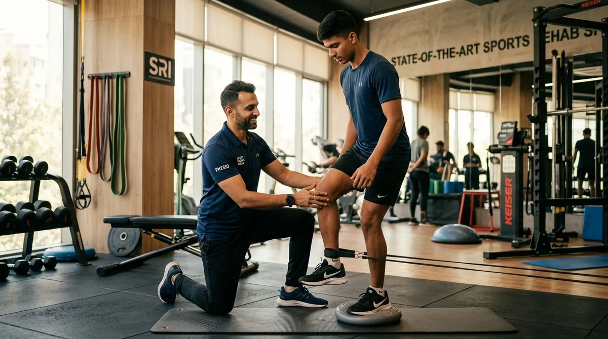 Physiotherapist assessing an athlete's knee in a sports rehab gym